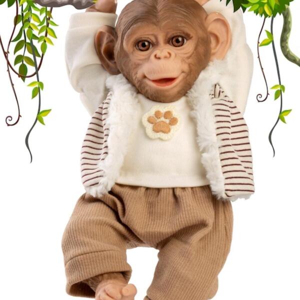 Mono Reborn 32 cm – Chaleco de rayas y pantalón beige